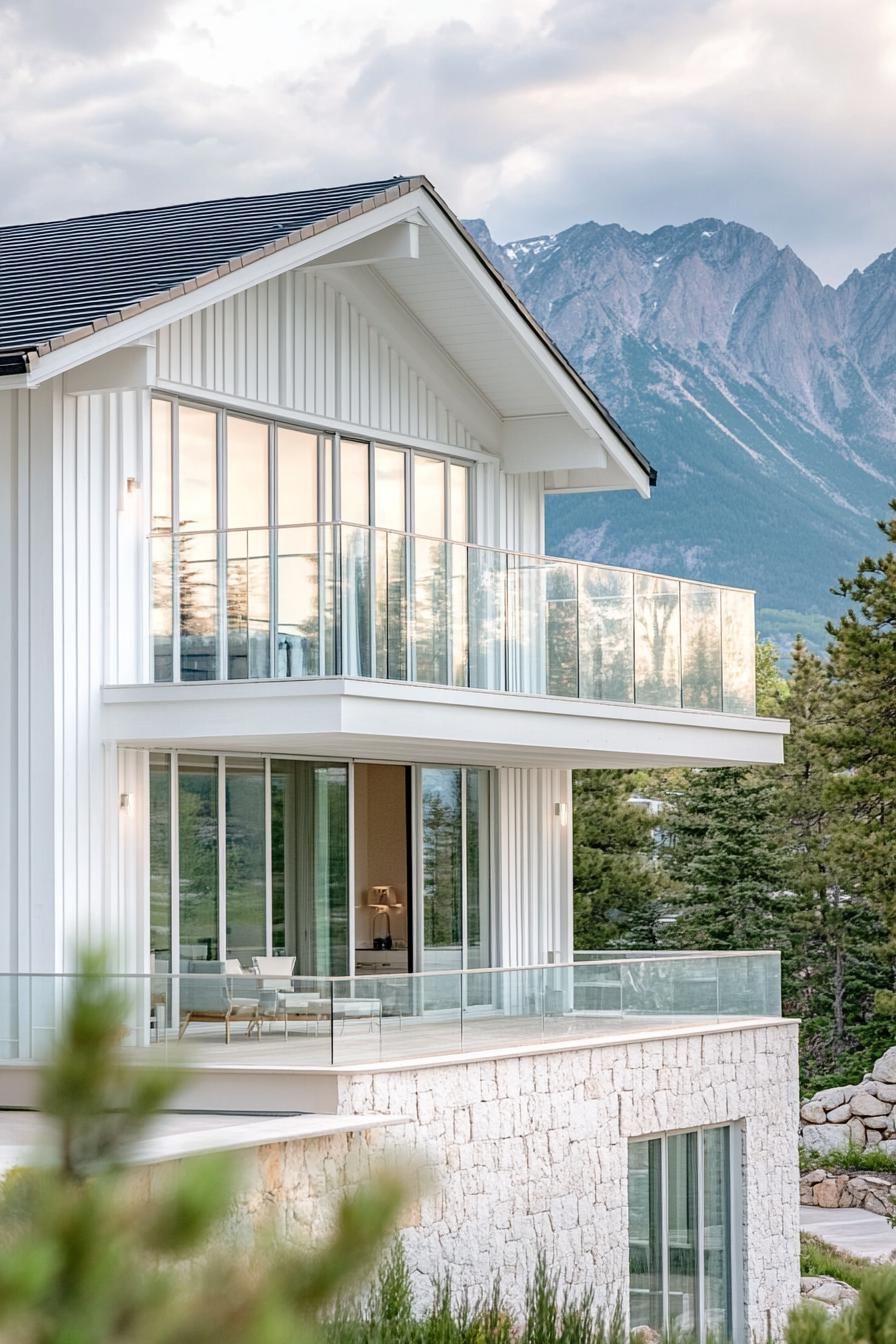 Whitewashed Wood Siding With Glass Balconies