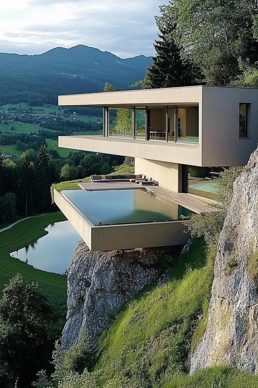 cantilevered steep hill house modern facade overlooking a lake in a green valley