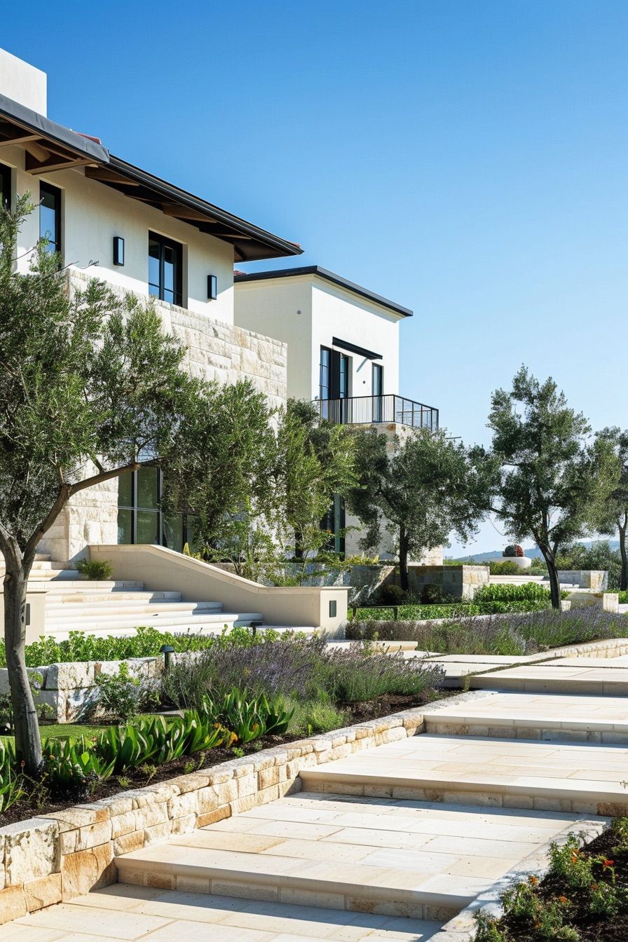 mediterranean house landscape with olive trees and steps