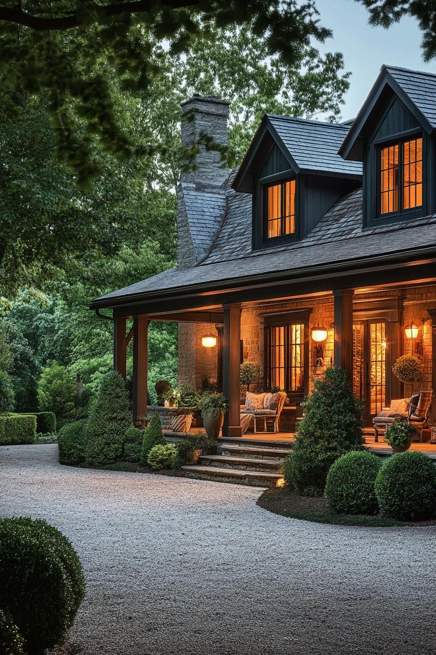 English cottage porch with barn style lighting cozy seating large driveway with shrubs 2