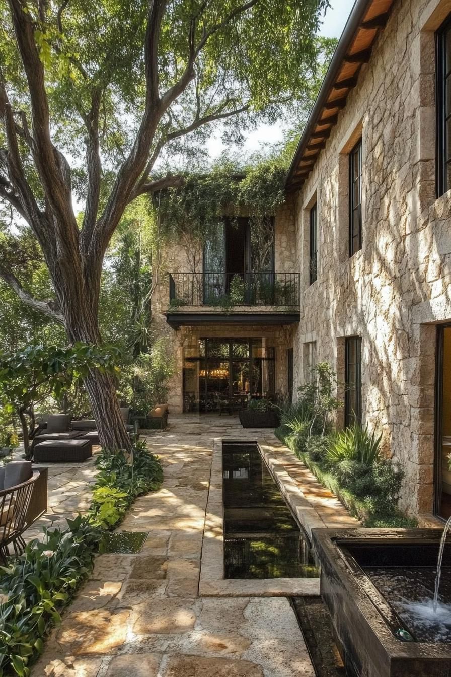 modern Italian mediterranean house inner courtyard stone paved with trees and fountain 3