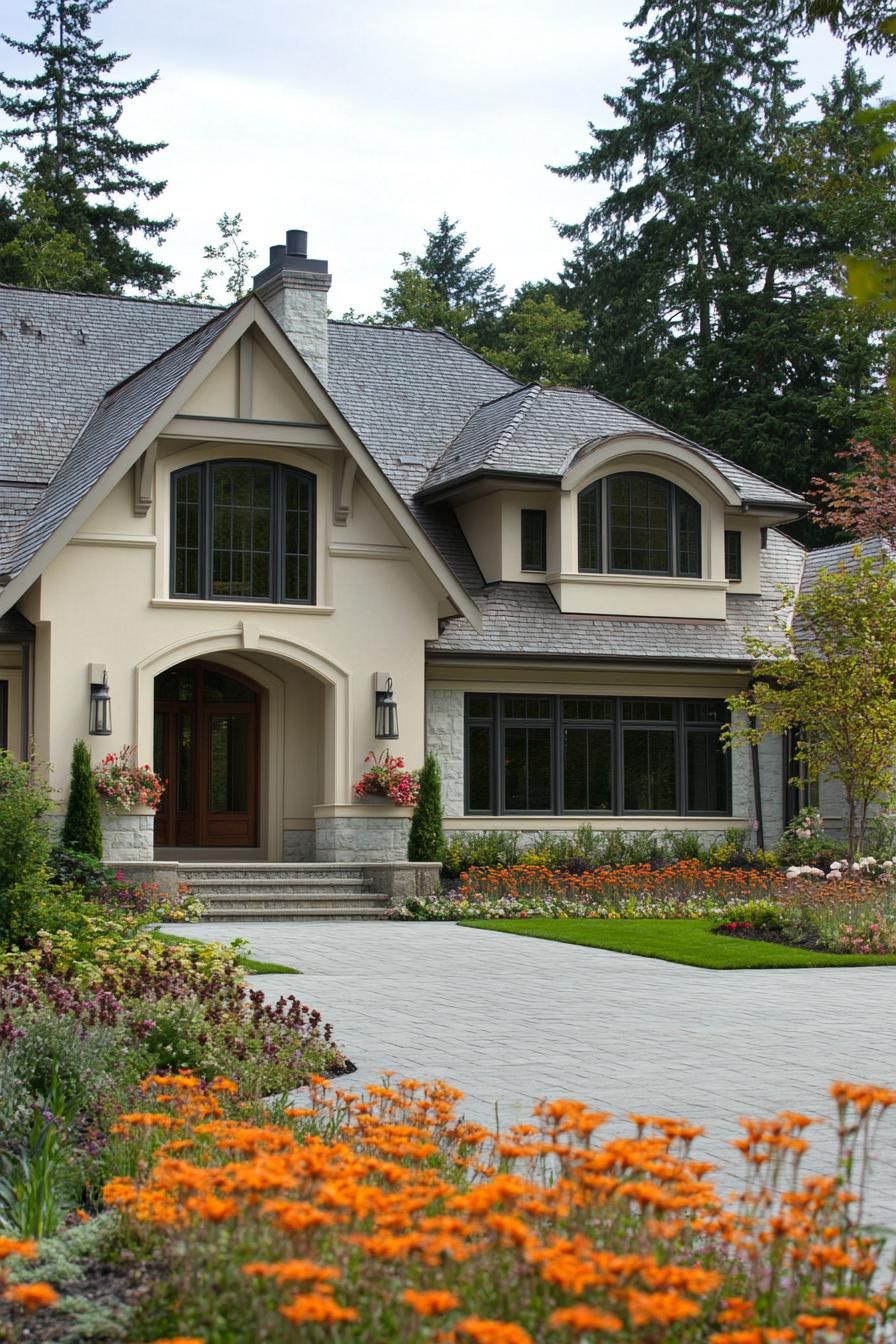 large modern craftsman house with pale creamy siding light grey roof arched front window bay windows paved front yard house foundation lined with