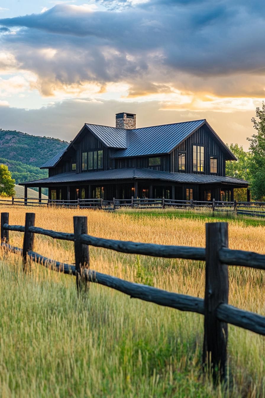 barn roof modern house in farm fields with ranch fence 2
