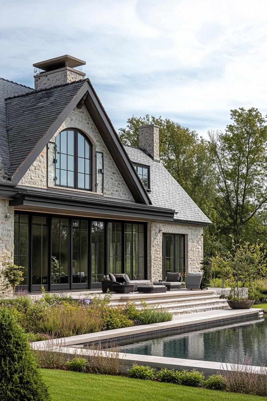 modern French country house with gabled roof and zin detailing French garden yard