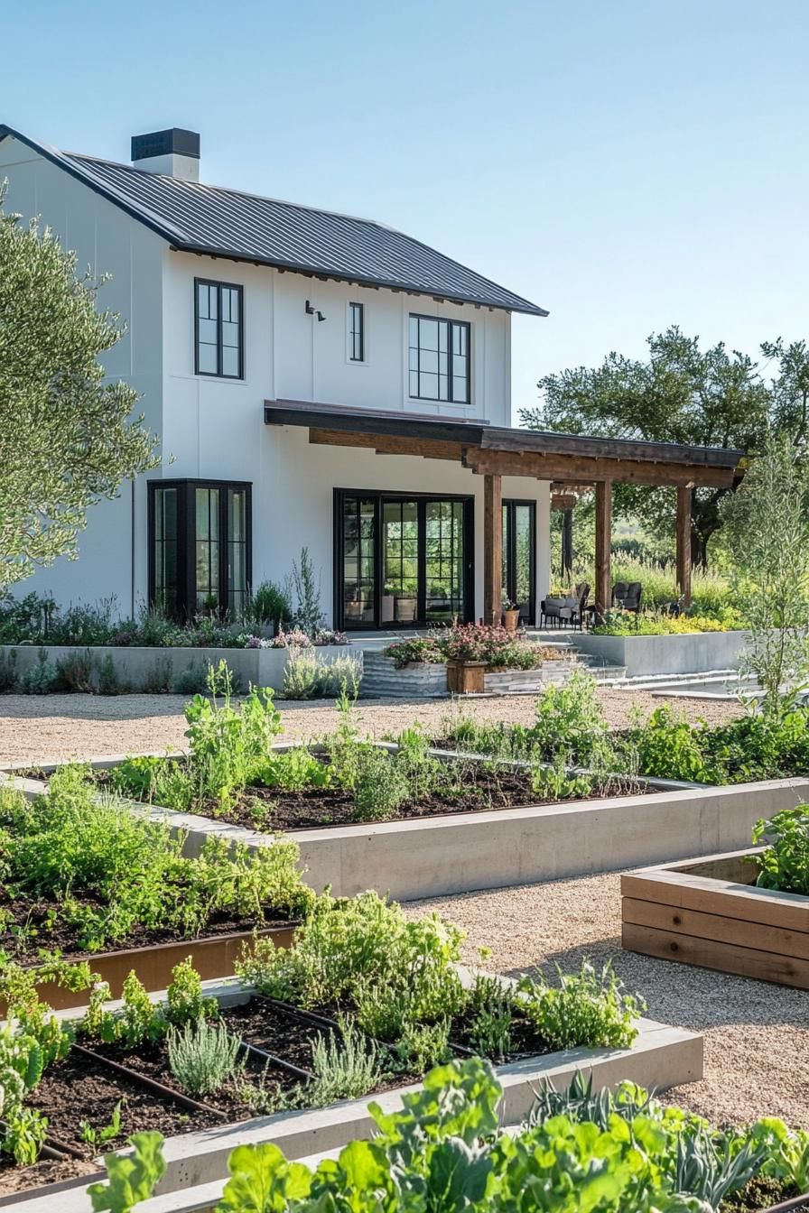 modern farmhouse with veggie gardens and irrigated landscape 2