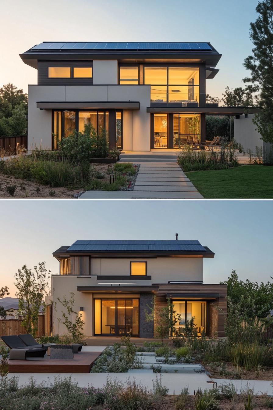modern suburban mansion with rooftop solar panels