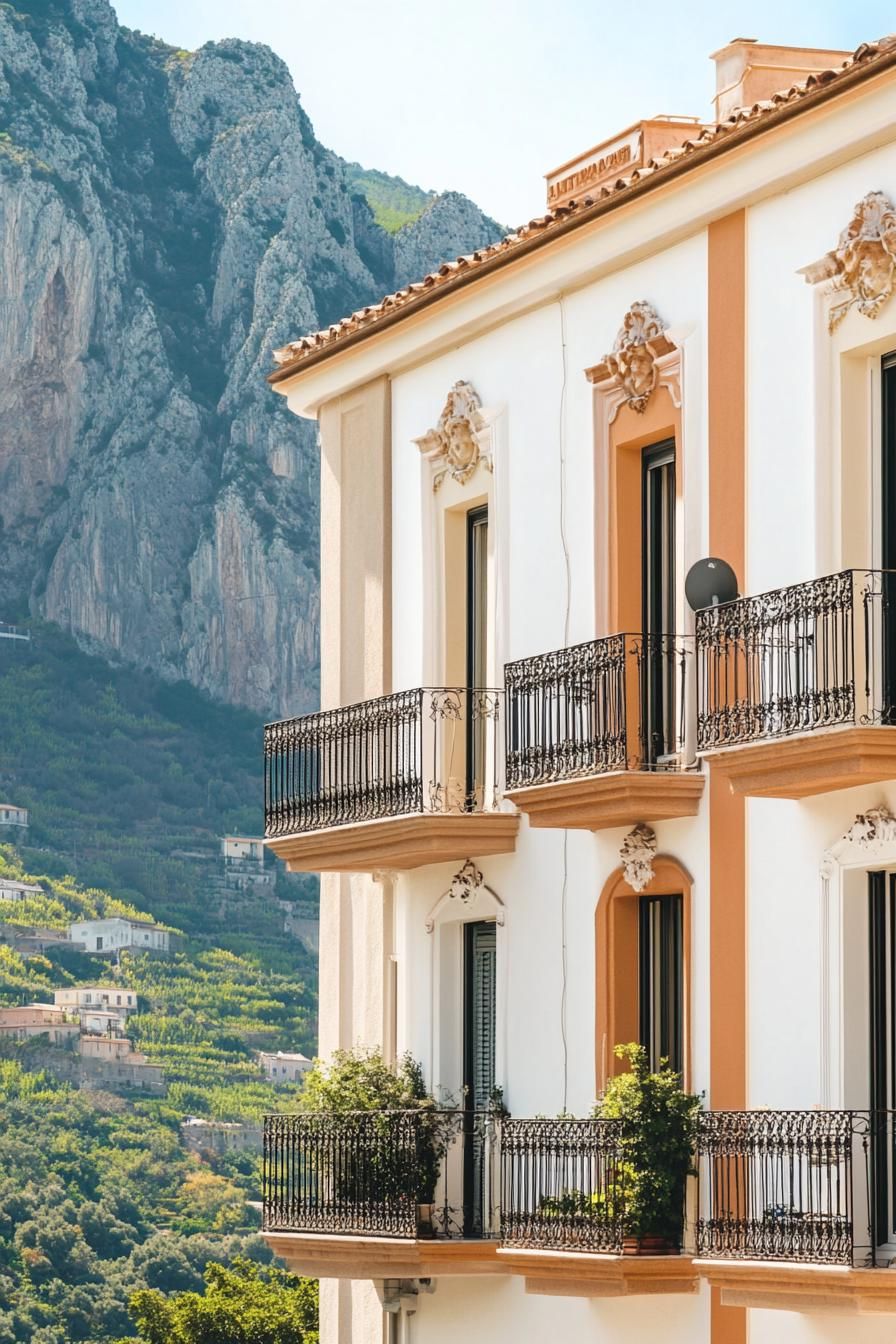 modern Italian mediterranean house facade with iron balconies Italian mountains in the background
