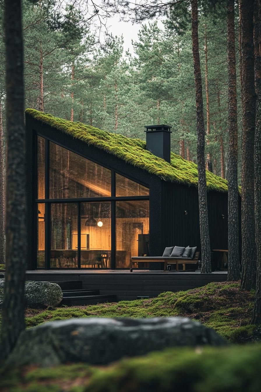 modern forest house moss covered cottage facade in pine forest 3