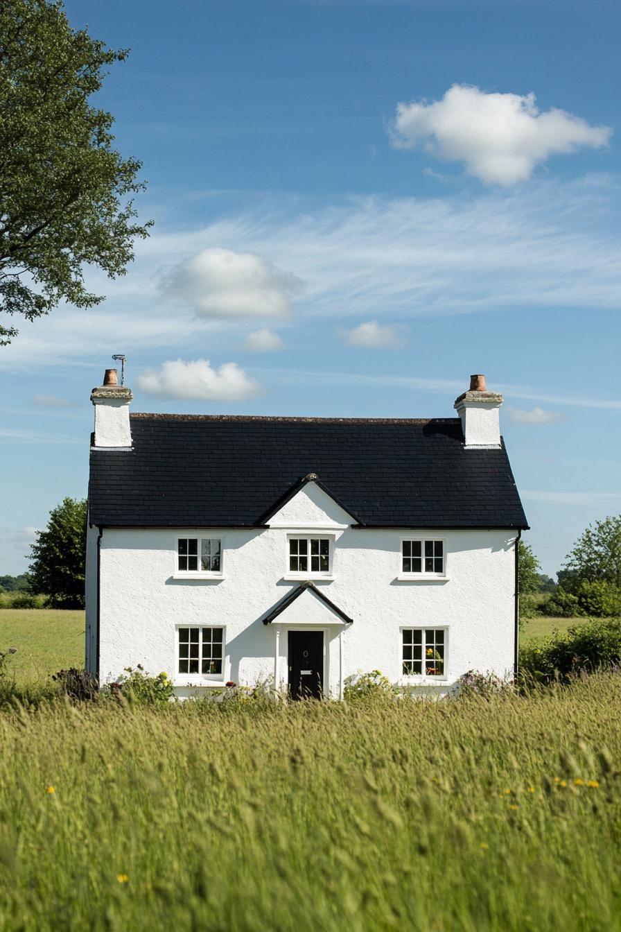 English cottage style duplex white house with black roof and windows in a meadow full house view from afar