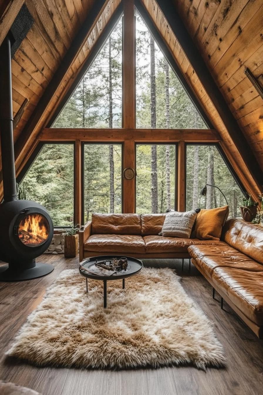 a frame forest cabin interior with natural wood slatted ceiling hardwood floor and big faux fur area rug leather furniture full glass window