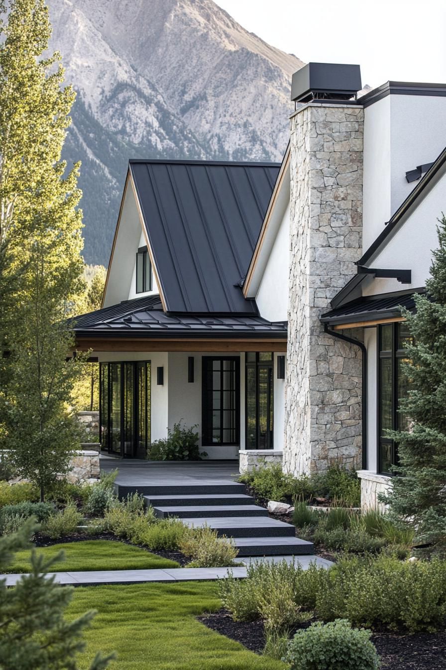 modern cottage style mountain house with white stucco facade stone chimney black metal roof entrance with gambrel and steps yard hardscape with 3
