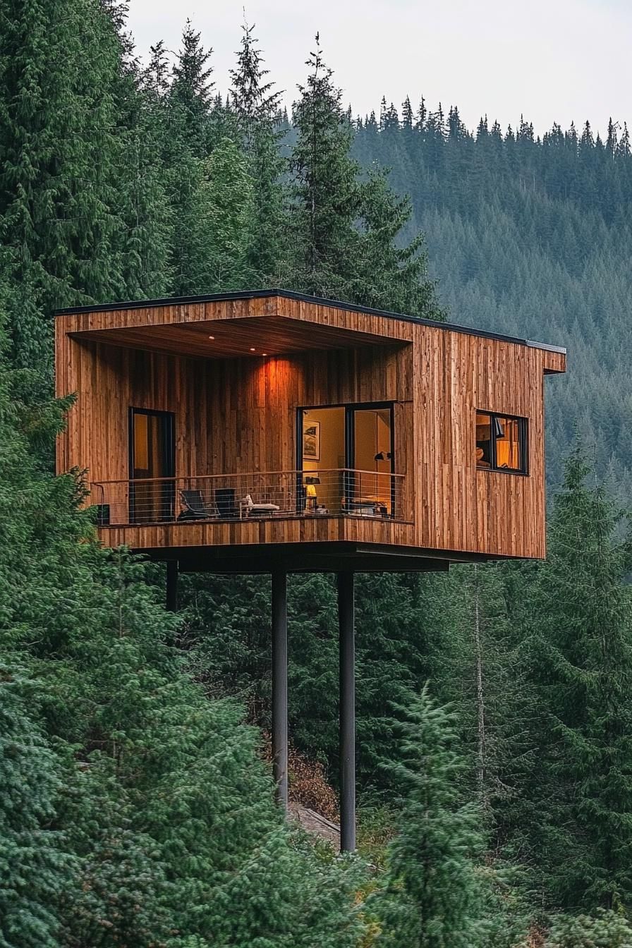 modern mountain forest cabin on stilts overlooking evergreen treetops of lush forest 2