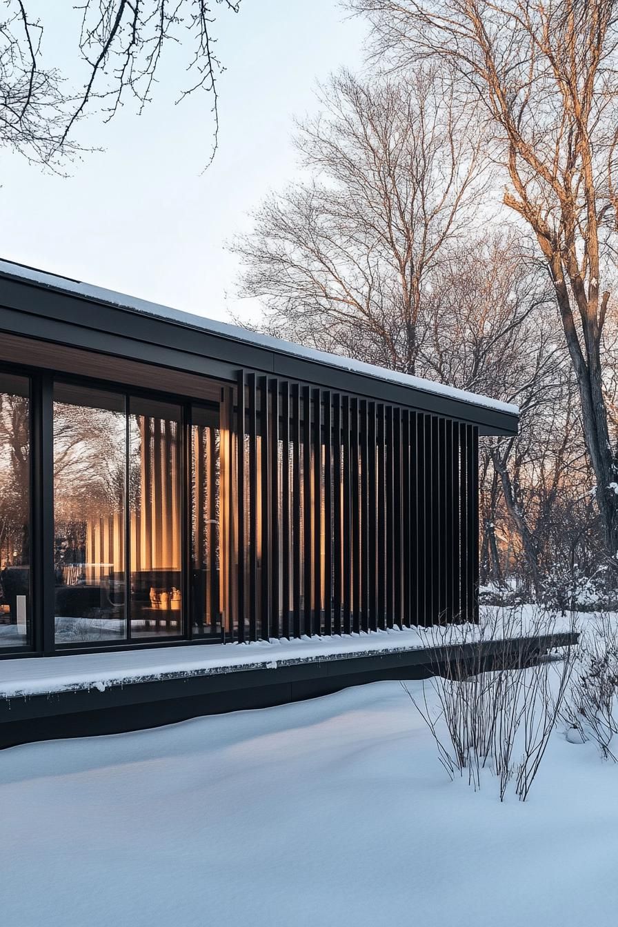 mid century modern black house aluminum facade with vertcal slats Scandinavian winter 2