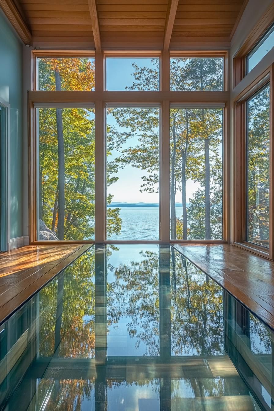 lake house interior with translucent glass floor showing lake bottom large windows show stunning lake views
