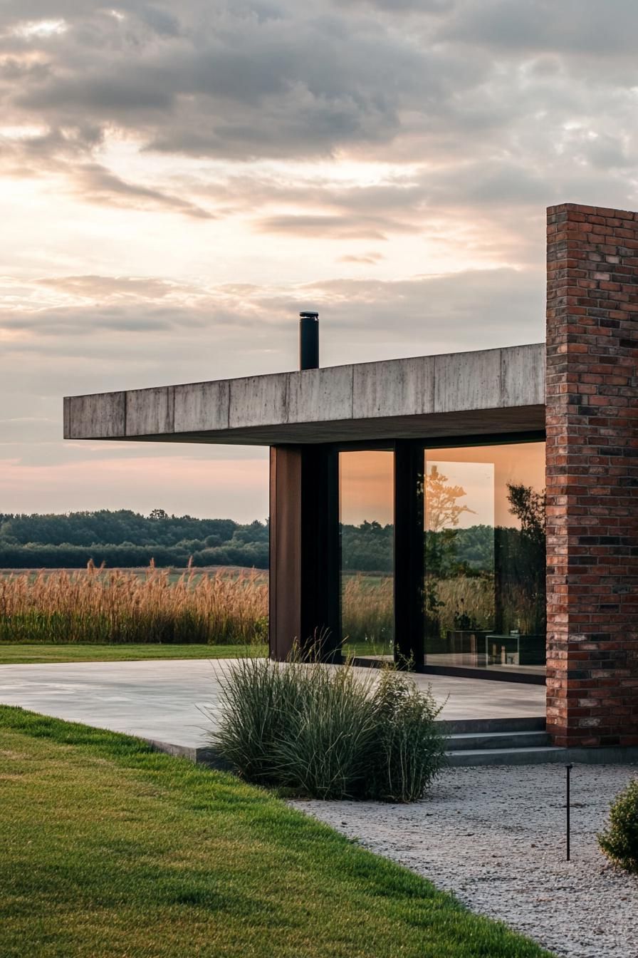 modern industrial home concrete and brick facade in picturesque fields