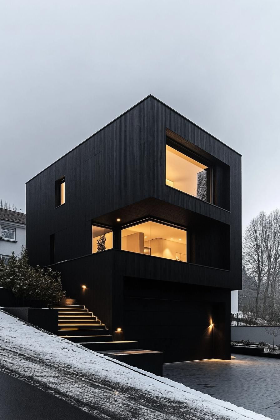 modern assymetrical black house facade with darkened glass windows and LED lighting 3