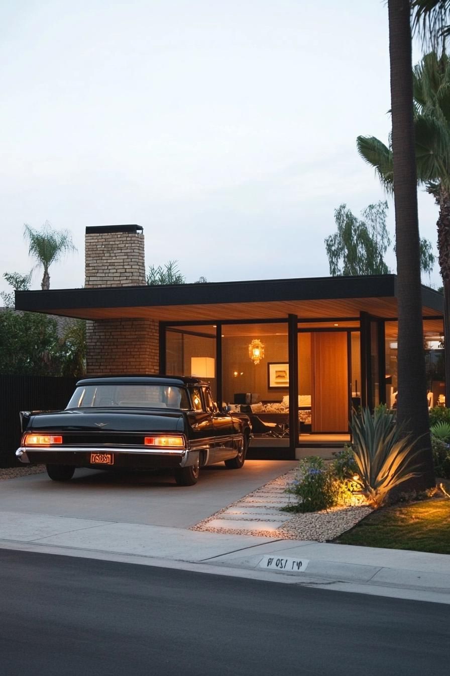 mid century modern 1950s style house facade with carport