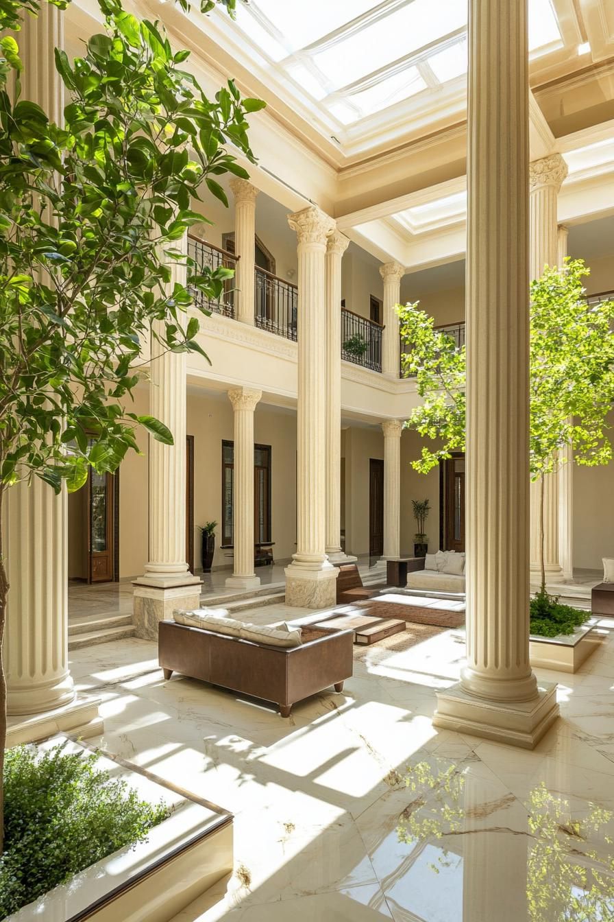 modern mansion house indoor atrium with classic columns marble floors olive tree garden 2
