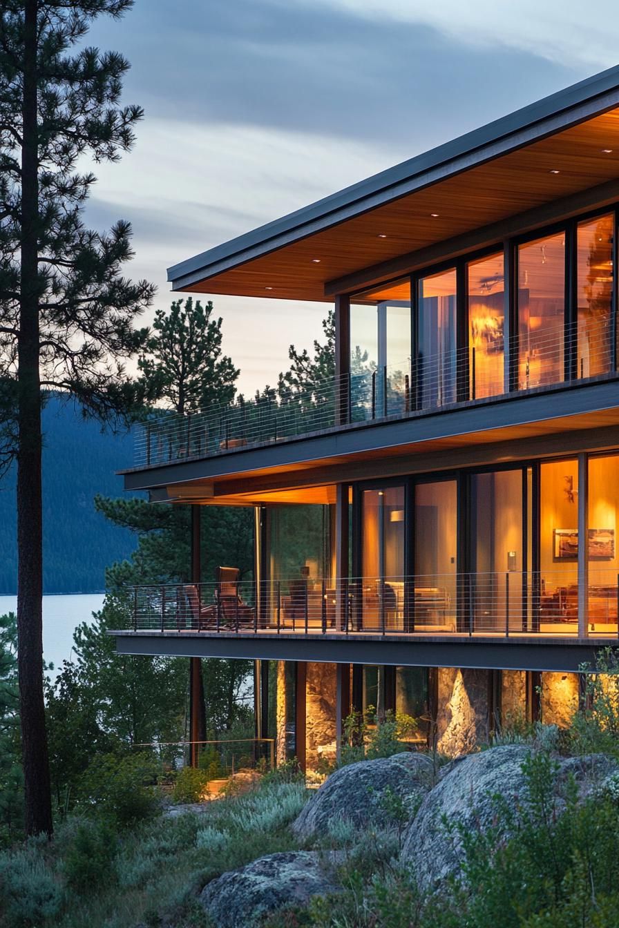 modern lakeside hill house with multi level decks with lake and mountain views 3
