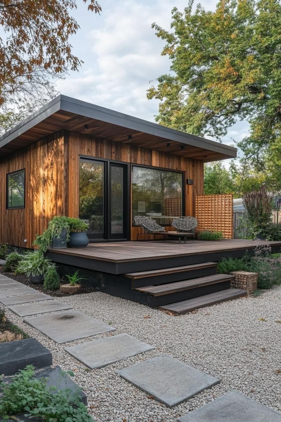modern prefab small house facade with rustic wood cladding sloped roof extending over a raised deck with steps deck has a lattice on one side up to 3