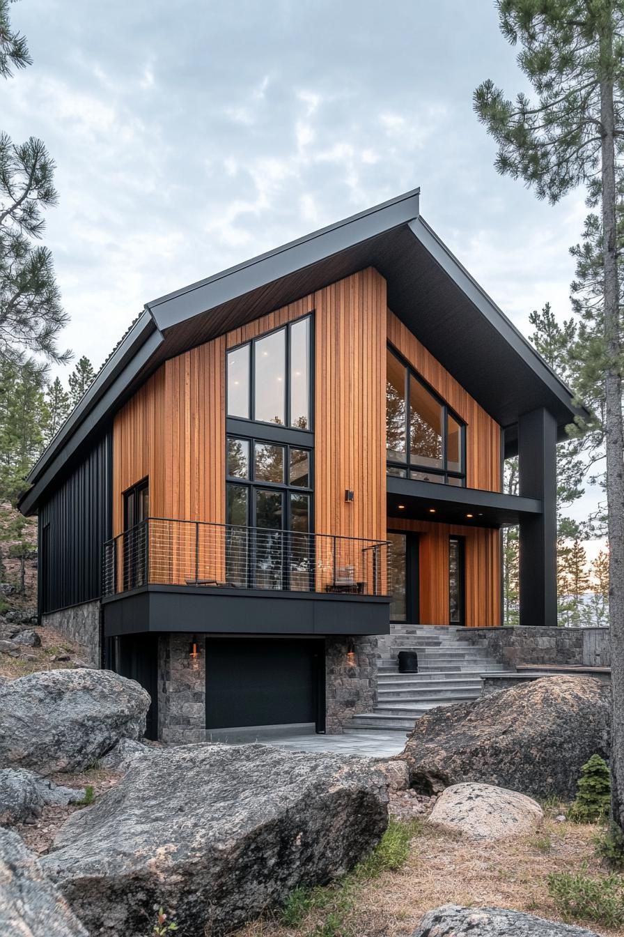 modern timber frame house facade with vertical cedar cladding and sleek black metal accents