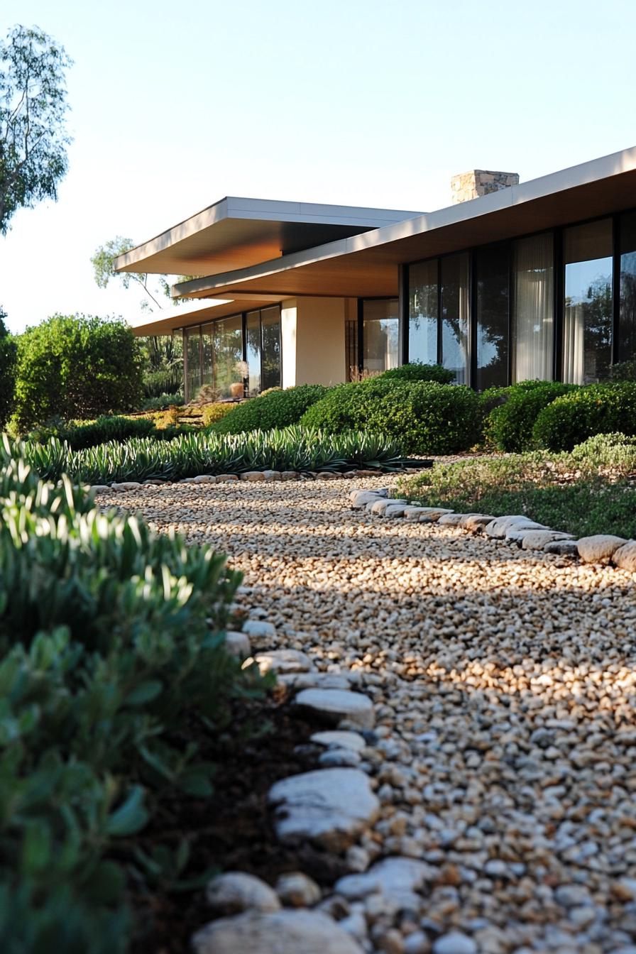 70s midcentury house facade front yard with pebble driveway lined with shrubs 2