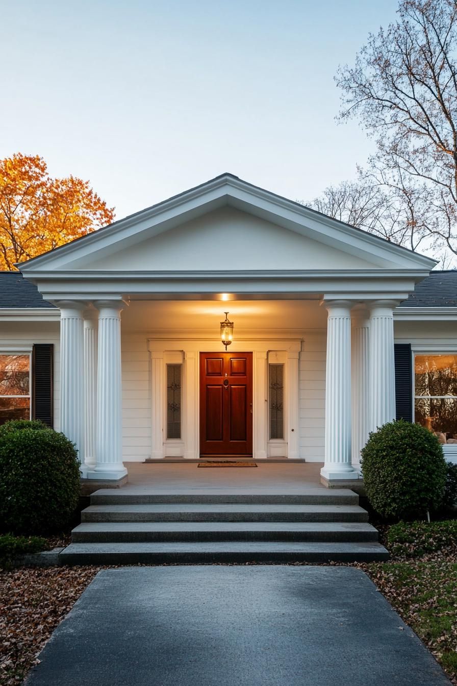 mid century modern and antique style house geometric facade with classic columns porch 3