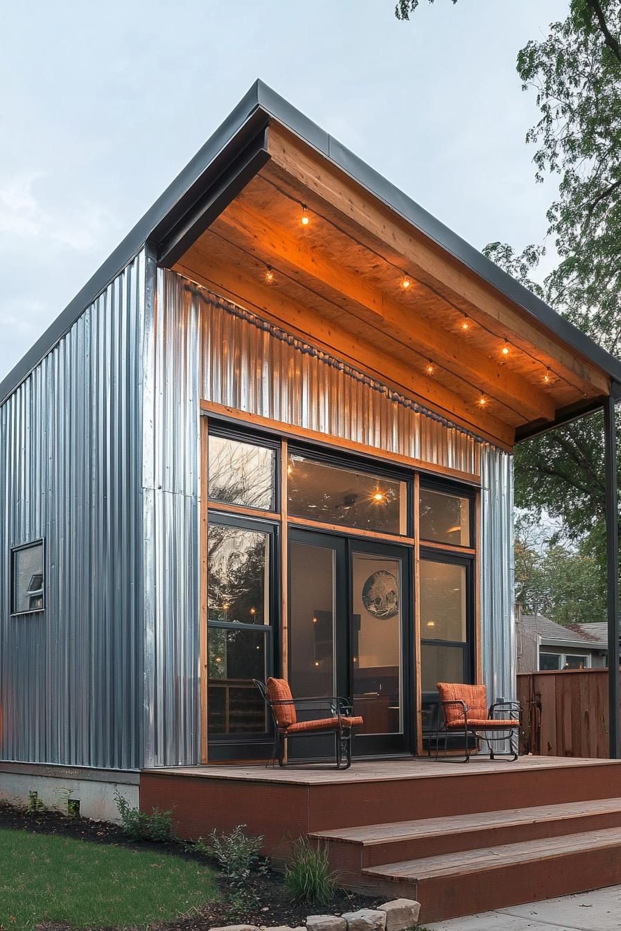 modern prefab small house facade with corrugated iron siding and exposed beam porch urban neighborhood