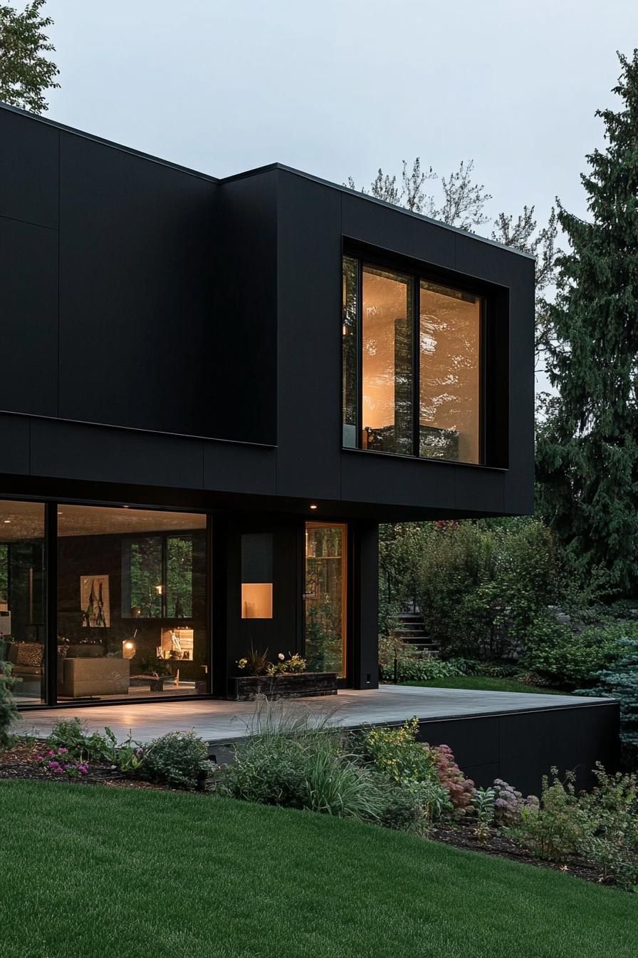 modern dark house matte black facade with oversize windows 3