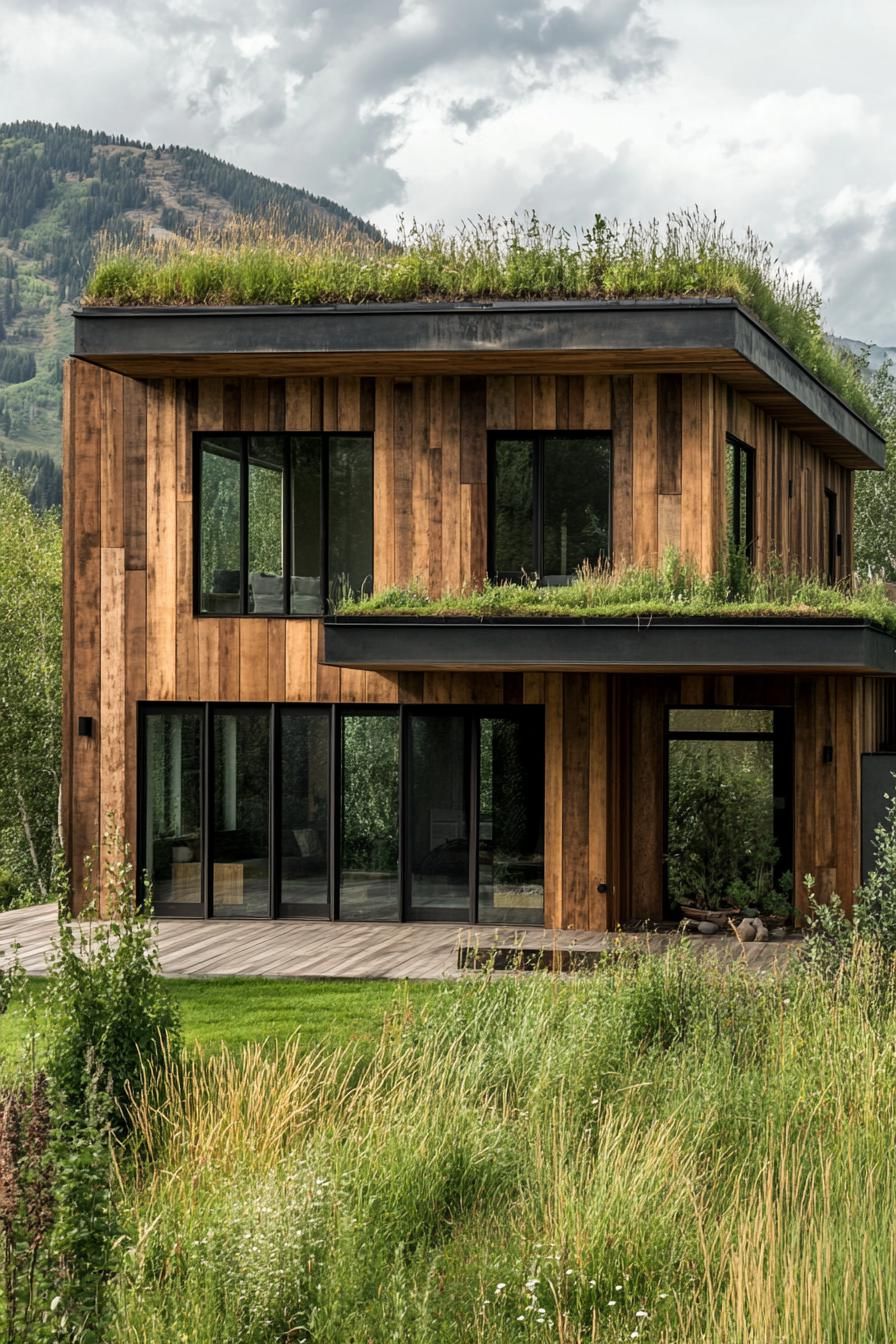 modern wood house facade with reclaimed wood siding and eco friendly green roof magnificent green grass mountain in the background 2