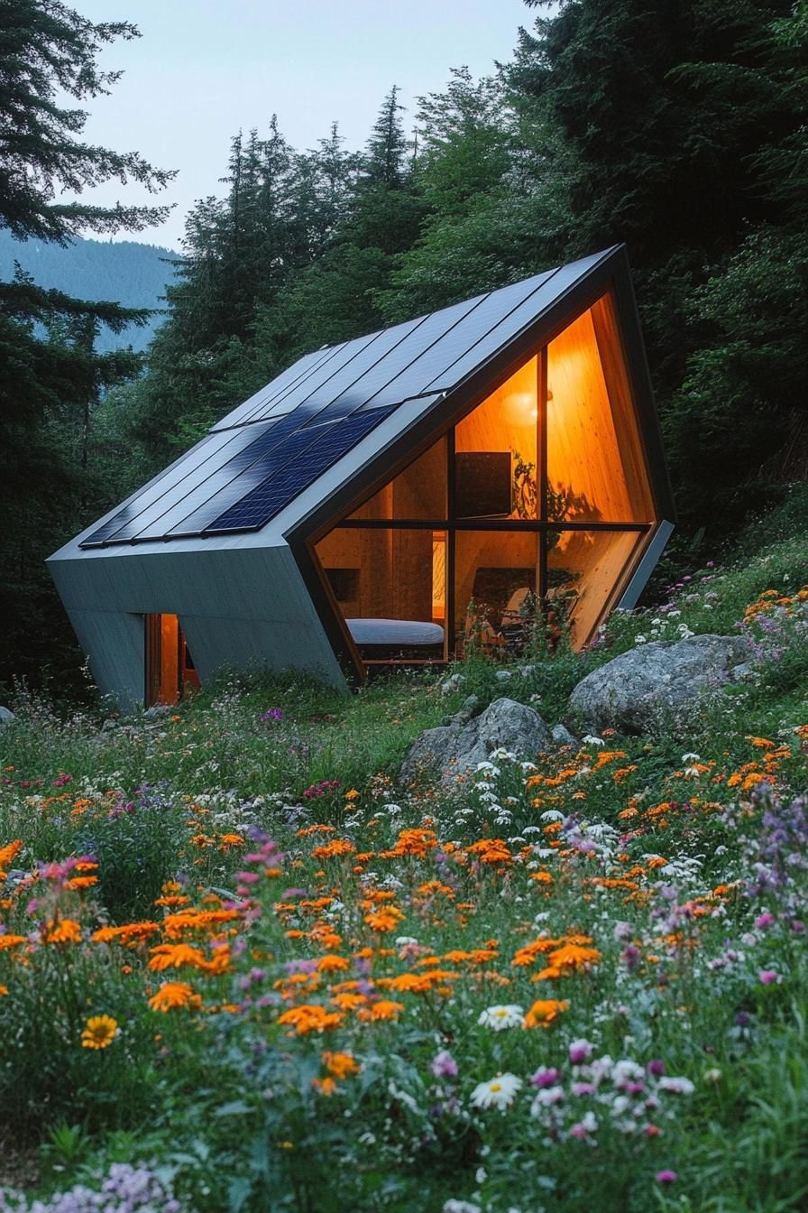 modern minimalist geometric cabin with solar panel roof in mountain forest the cabin is surrounded with flower bed garden