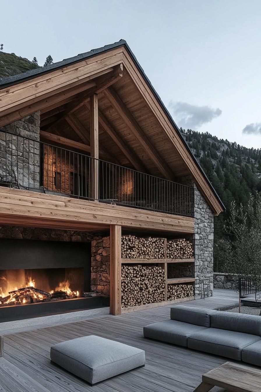 Log House With an Integrated Stone Fireplace and Wood Storage