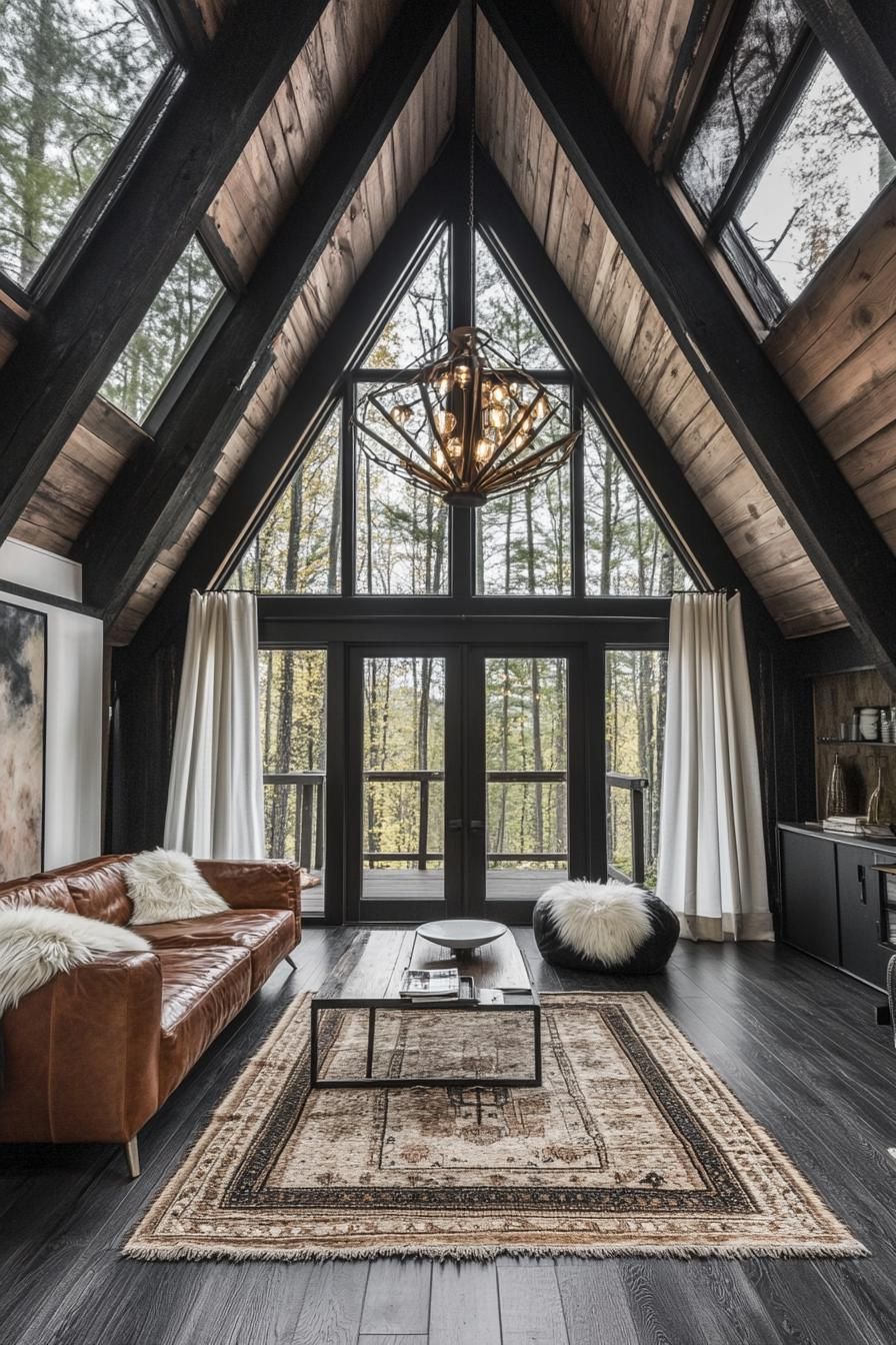 modern a frame cabin interior with natural stained harwood ceiling sections of wall around the windows are white dark hardood floor black painted 2