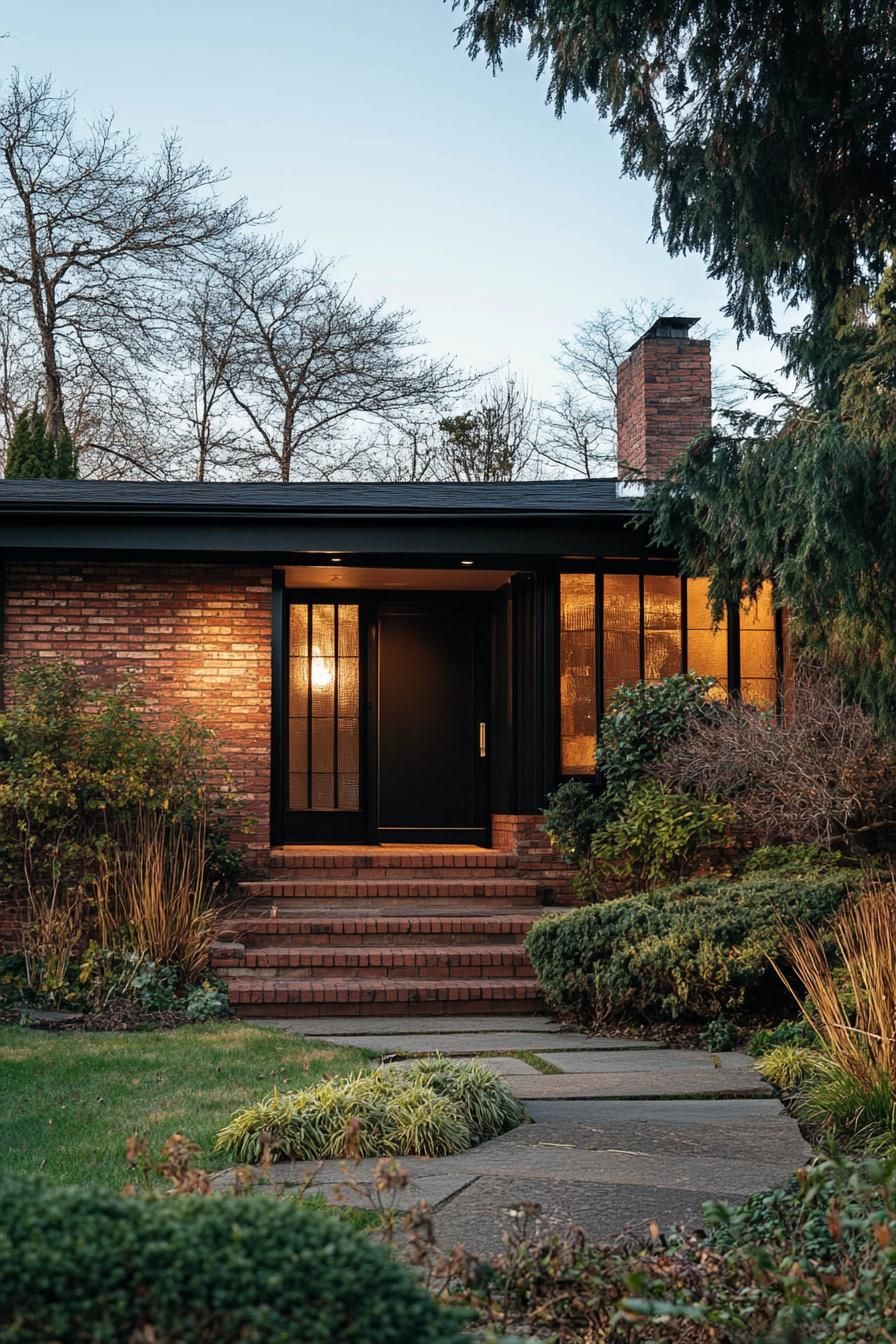 70s midcentury house facade with exposed brick French country landscape