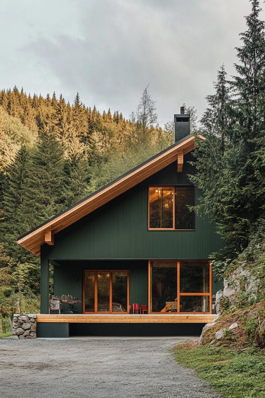 small modern mountain chalet facade in forest green color with exposed beams forest clearing in the background 2