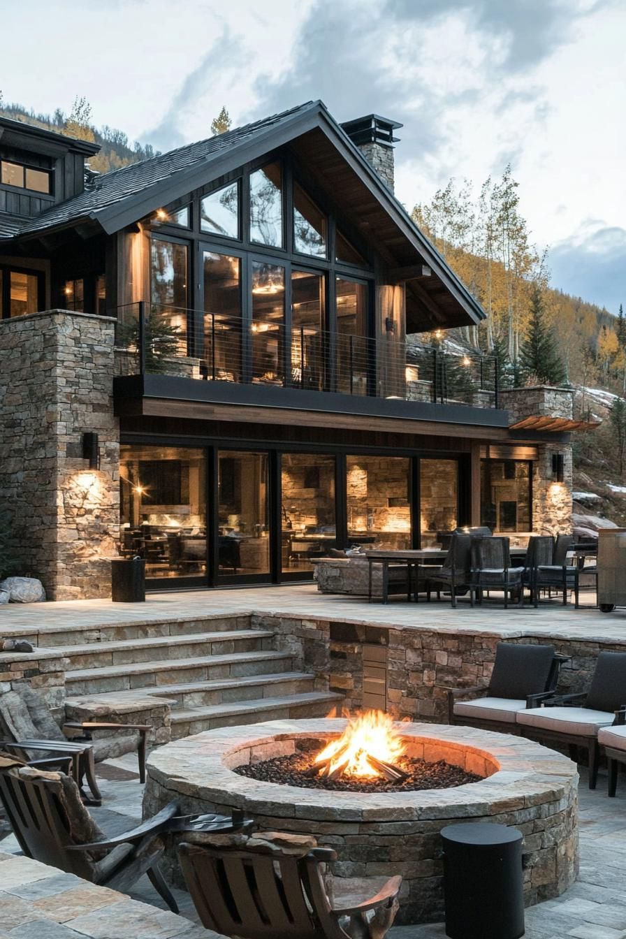 A large modern rustic house. The exterior features natural stone walls complemented by dark wood accents multi pitch roof. Multi level stone deck