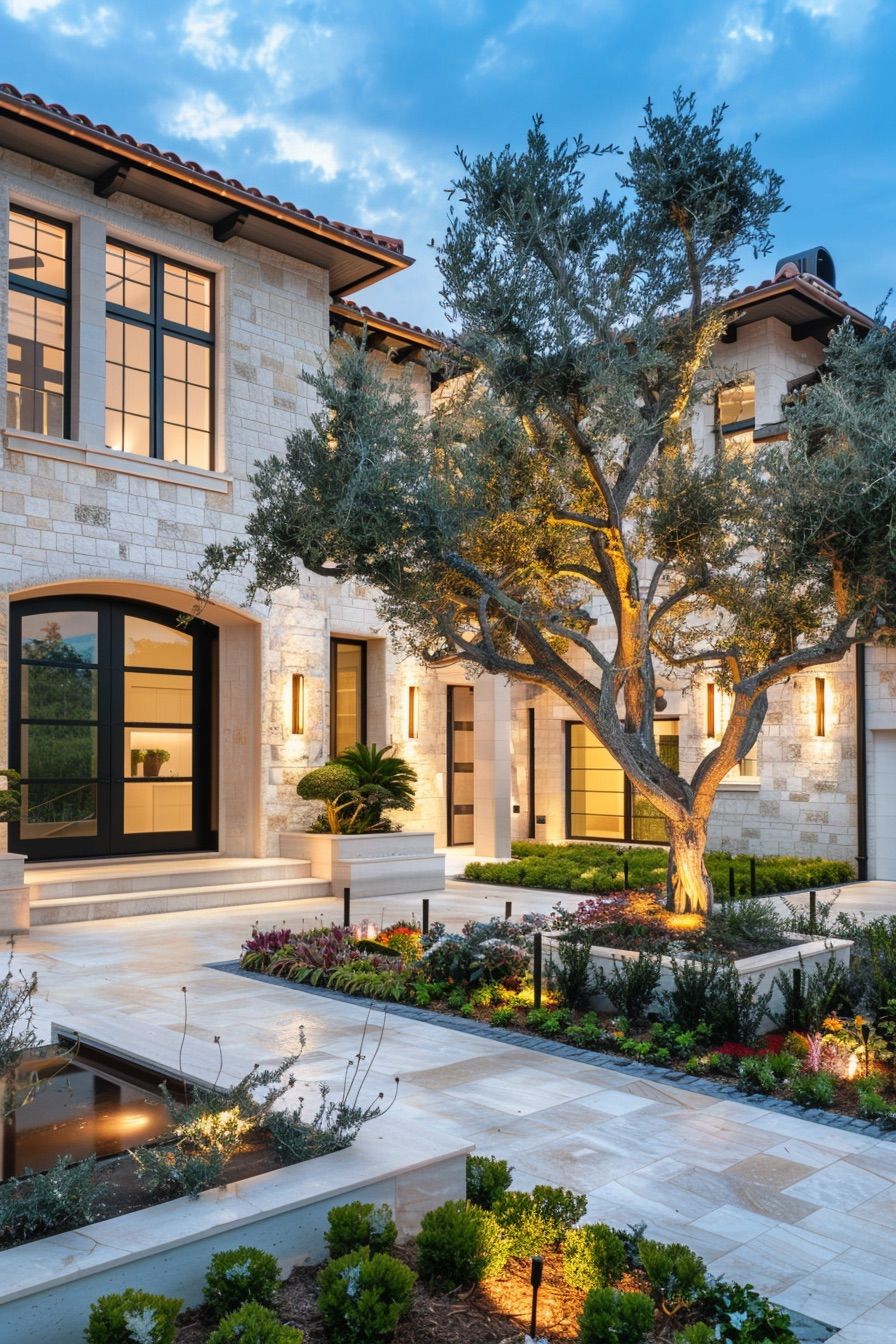 mediterranean house landscape with olive tree hardscape