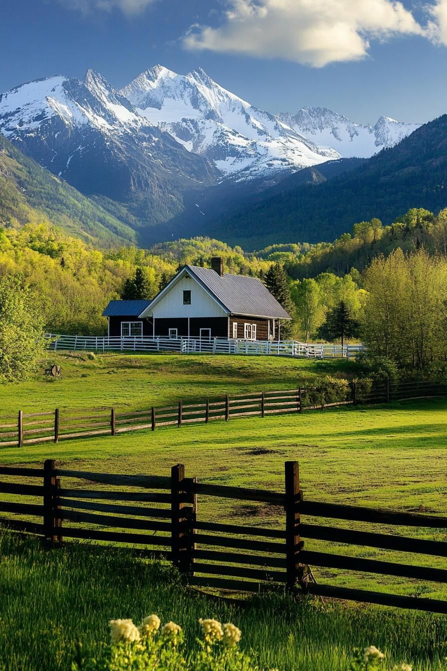 gable roof ranch farm fields horizontal slat ranch fence dramatic mountains in the backdrop 2