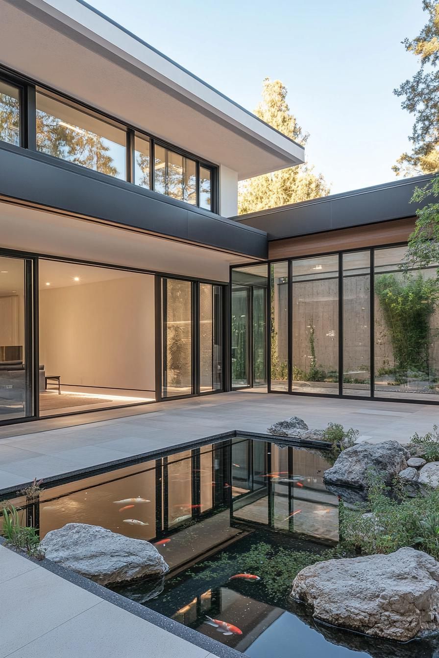 modern minimalist house courtyard with large glass doors opening to a koi pond and zen rock garden 3