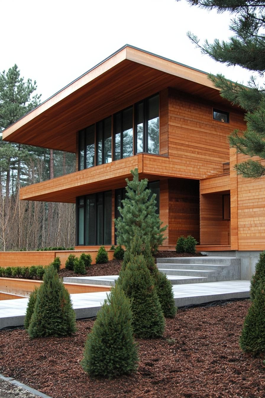 modern wood house facade with wood shinges and large concrete foundation pine trees in mulched front yard 2