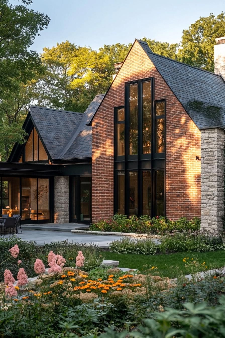 modern brick cottage with multi pitch roof exterior with flowers 1