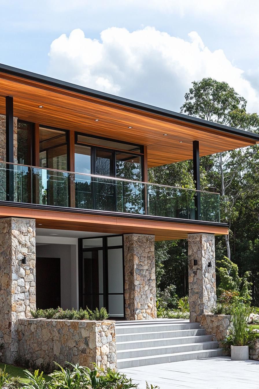 modern timber frame house facade with stone pillars and glass balustrades 2