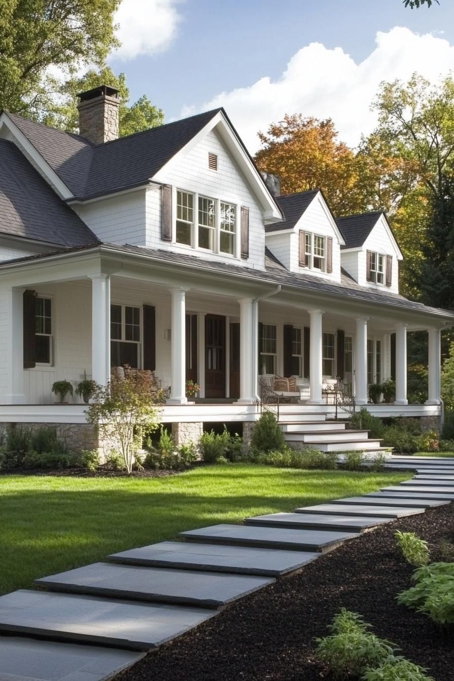 craftsman house with white siding dark multi pitched roof single story large porch with columns and railings entry steps concrete pathway grass 1