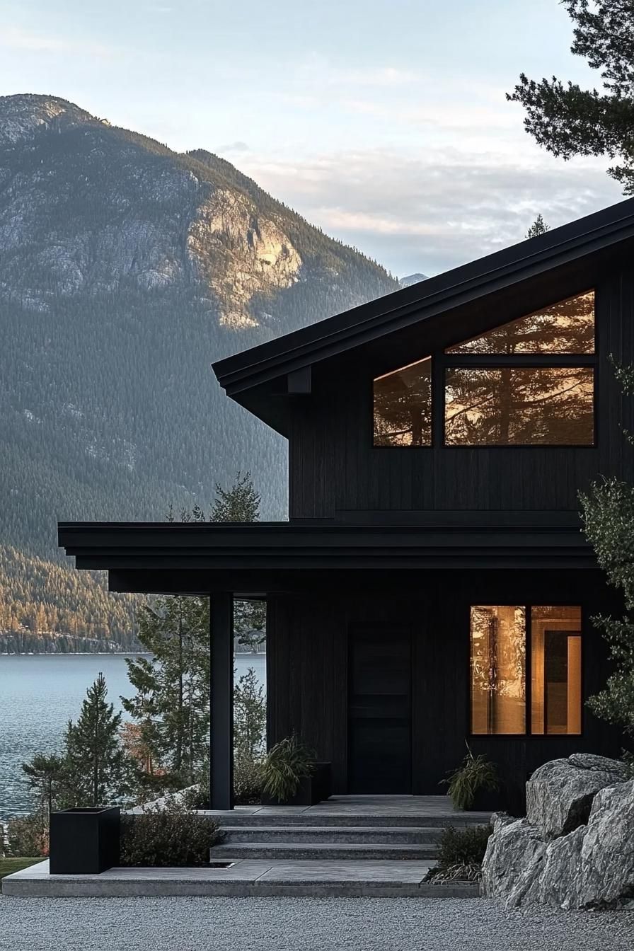 modern matte black house facade with glossy black trim mountains and a lake in the background