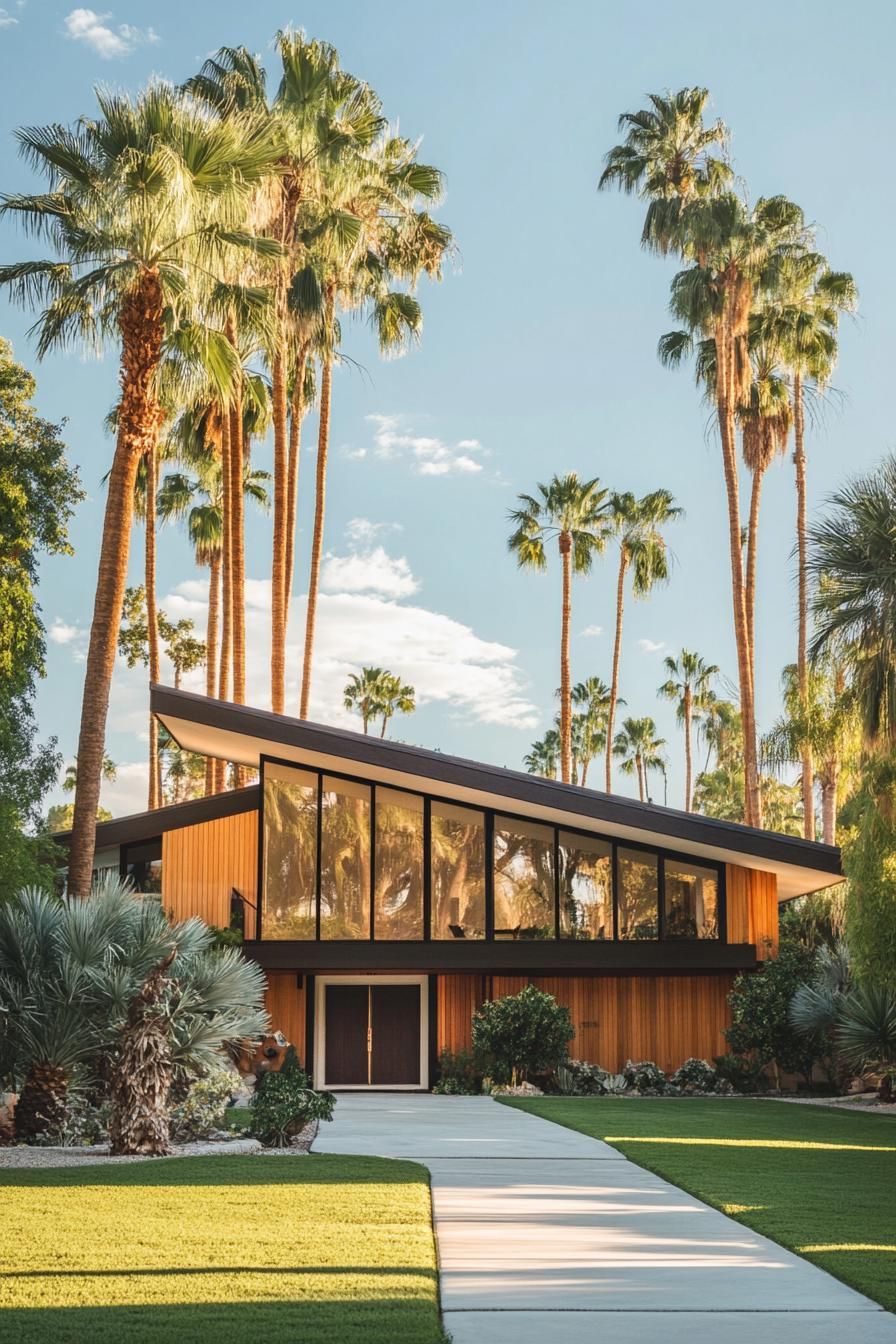 70s midcentury house facade with large windows tall palm trees in the front yard