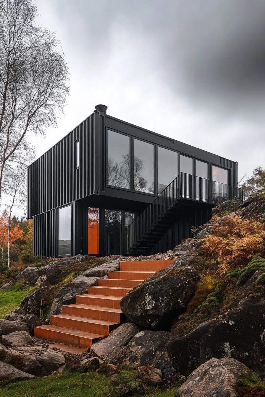 modern black shipping container house in stunning Scottish mountains 3