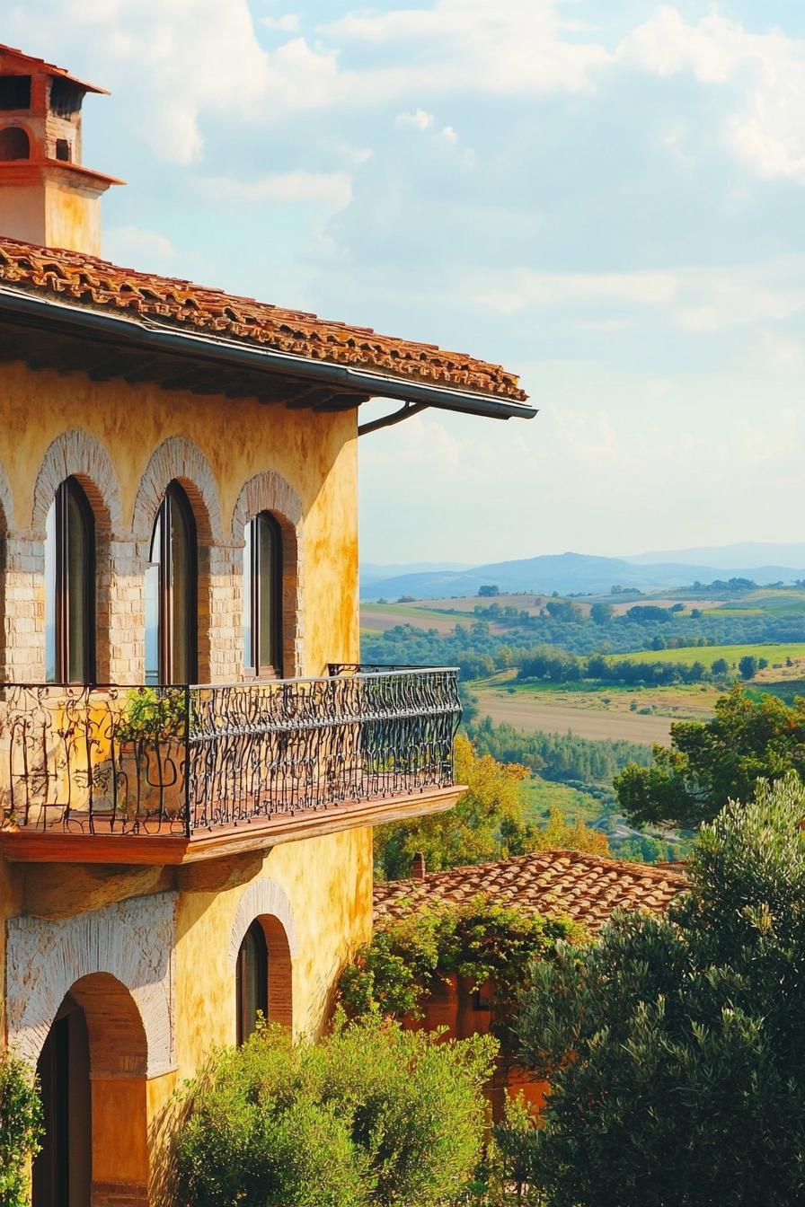 modern Tuscan mediterranean house facade with terracotta roof and wrought iron balconies stunning Tuscany landscape 3