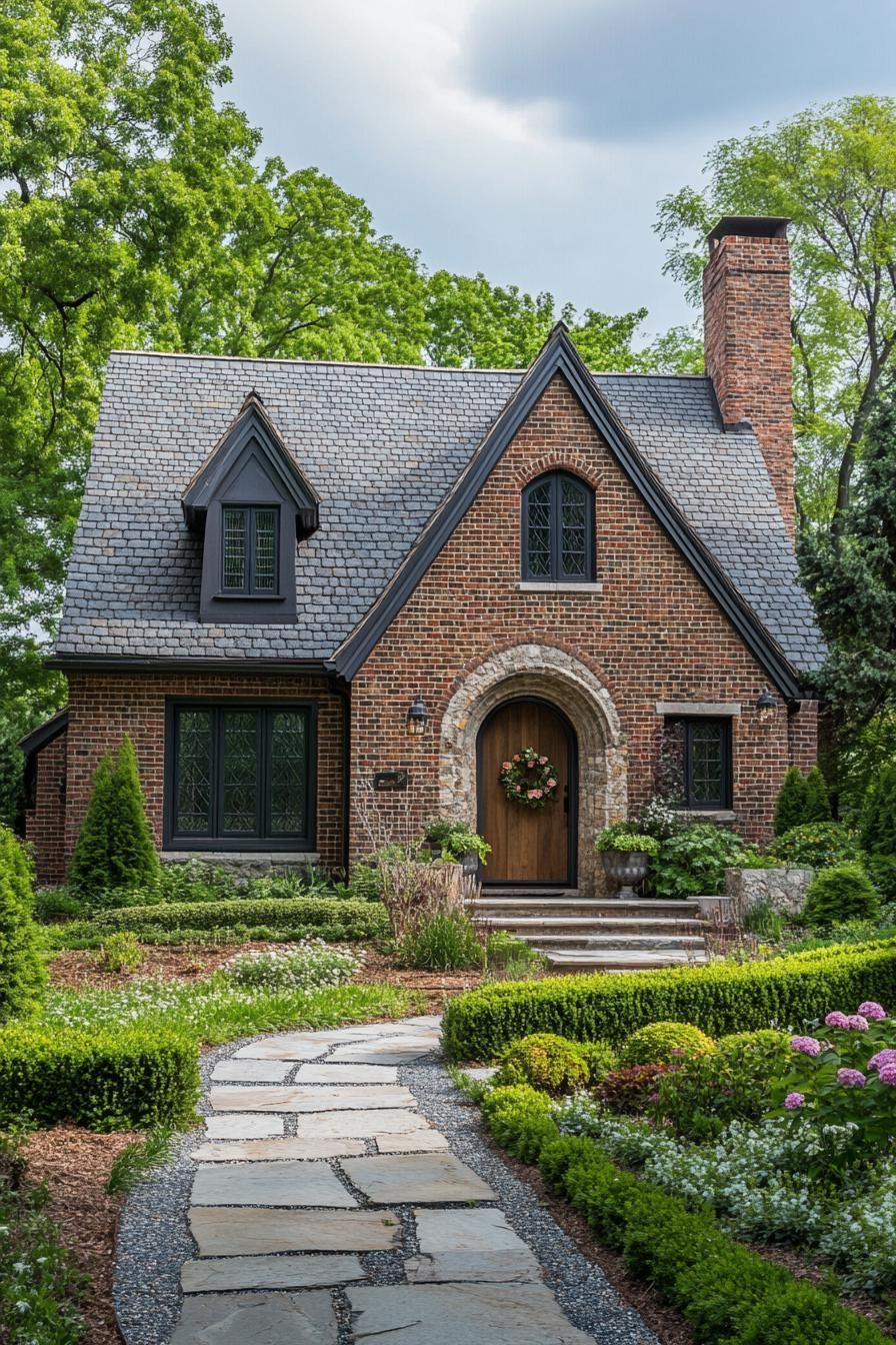 modern brick cottage with multi pitch roof exterior with flowers 2