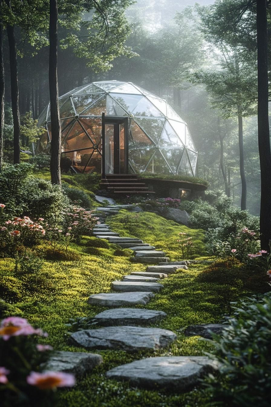modern geodesic dome house in a mountain forest glade with mossy stone path and flower garden 3