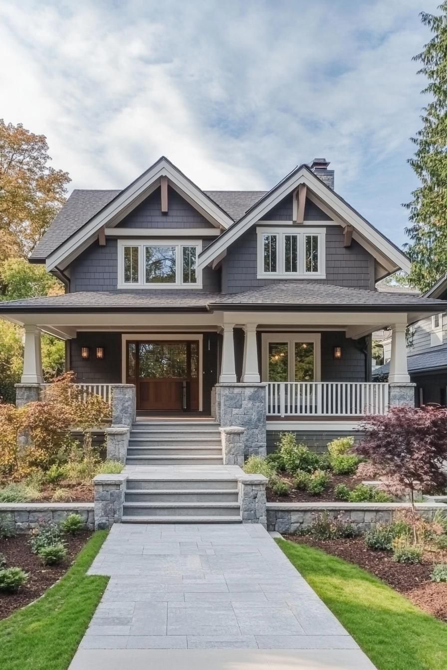 modern craftsman style house with grey siding double pitch roof with white trim and multiple dormers porch with columns and stone foundations